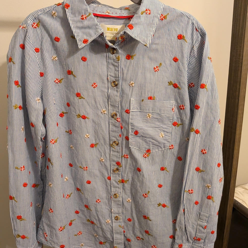 Maeve Blue Striped Shirt with Floral Embroidery
